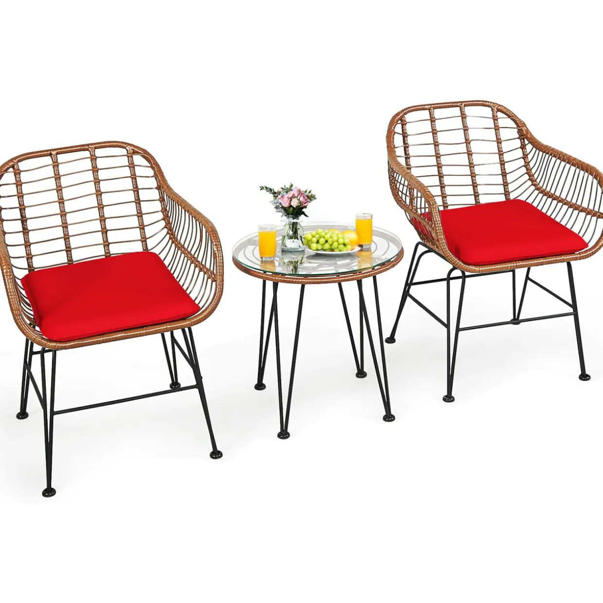 3 Pieces Patio Conversation Bistro Set, Outdoor Wicker Furniture w/Round Tempered Glass Top Table & 2 Rattan Armchairs