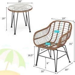 3 Pieces Patio Conversation Bistro Set, Outdoor Wicker Furniture w/Round Tempered Glass Top Table & 2 Rattan Armchairs