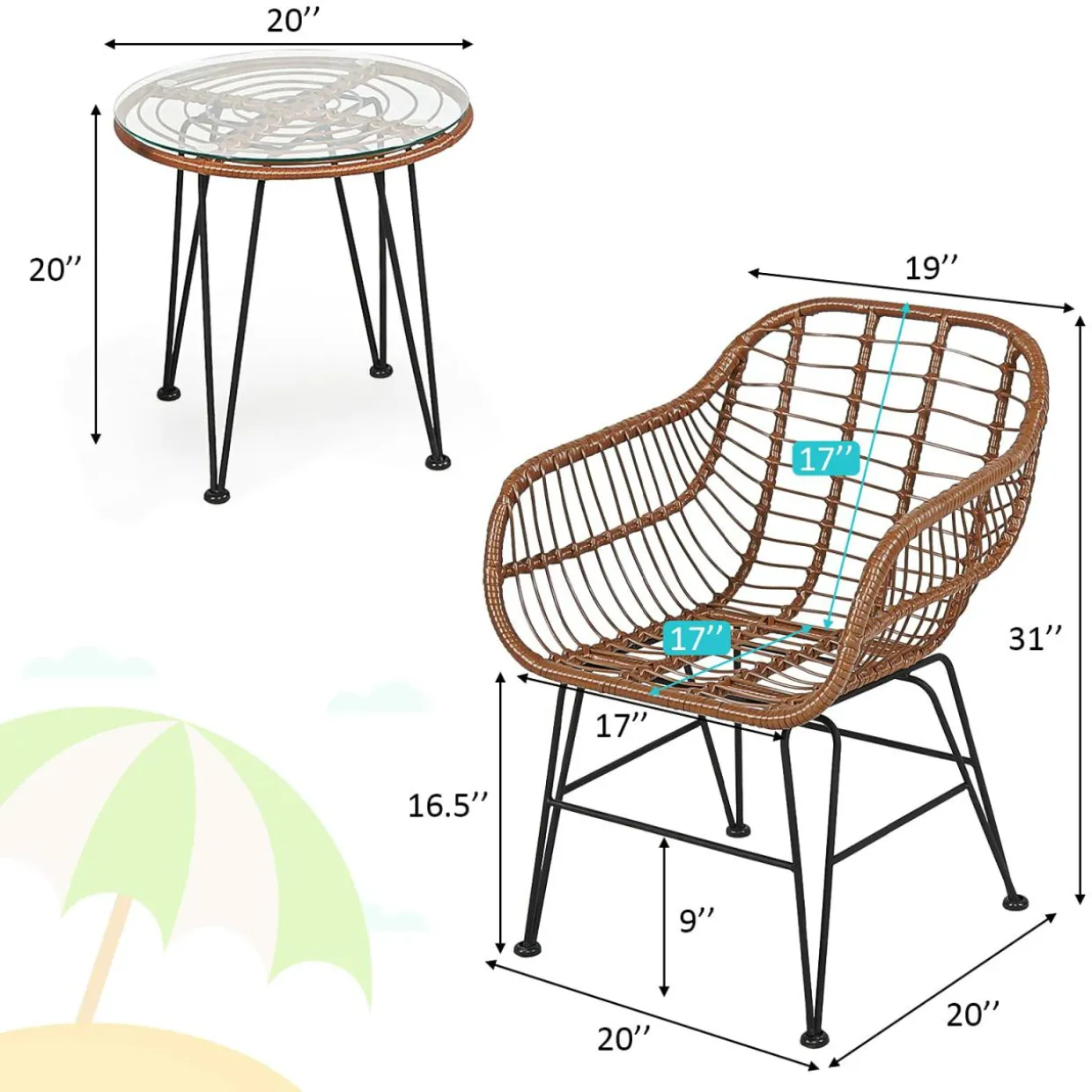 3 Pieces Patio Conversation Bistro Set, Outdoor Wicker Furniture w/Round Tempered Glass Top Table & 2 Rattan Armchairs
