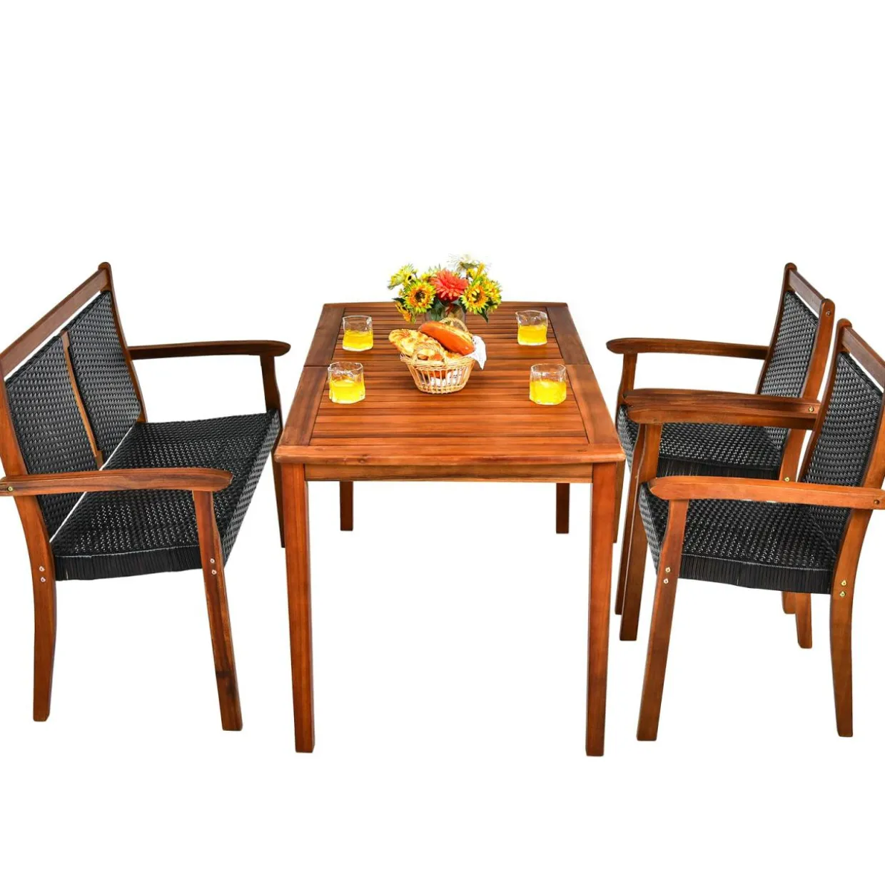 4 Pieces Patio Dining Set, Patiojoy Outdoor PE Rattan & Acacia Wood Dining Table Set with Umbrella Hole
