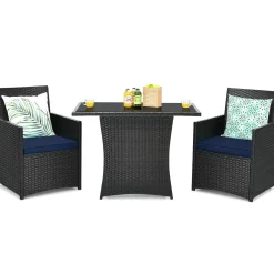 3 Pieces Patio Dining Set, Space-Saving PE Rattan Bistro Set with Tempered Glass Top Table and Cushioned Chairs