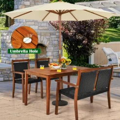 4 Pieces Patio Dining Set, Patiojoy Outdoor PE Rattan & Acacia Wood Dining Table Set with Umbrella Hole
