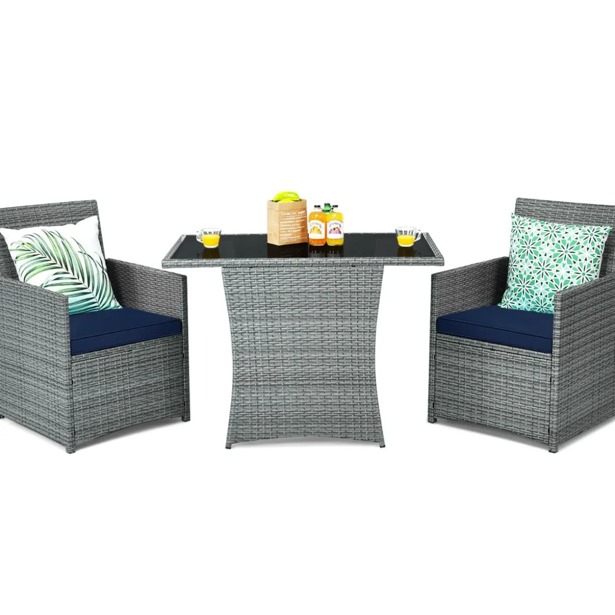 3 Pieces Patio Dining Set, Patiojoy Space-Saving PE Rattan Bistro Set with Tempered Glass Top Table and Cushioned Chairs