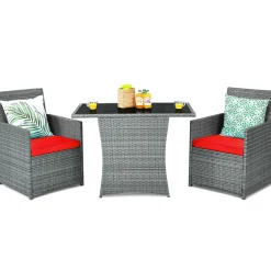 3 Pieces Patio Dining Set, Patiojoy Space-Saving PE Rattan Bistro Set with Tempered Glass Top Table and Cushioned Chairs
