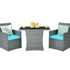 3 Pieces Patio Dining Set, Patiojoy Space-Saving PE Rattan Bistro Set with Tempered Glass Top Table and Cushioned Chairs