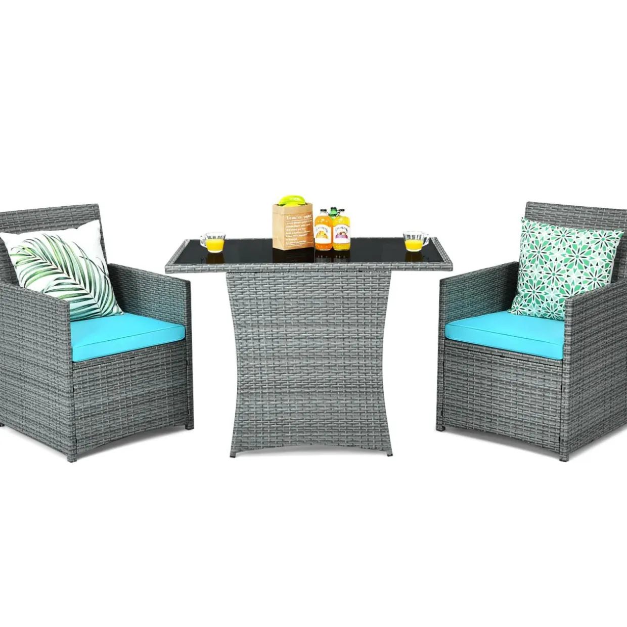 3 Pieces Patio Dining Set, Patiojoy Space-Saving PE Rattan Bistro Set with Tempered Glass Top Table and Cushioned Chairs