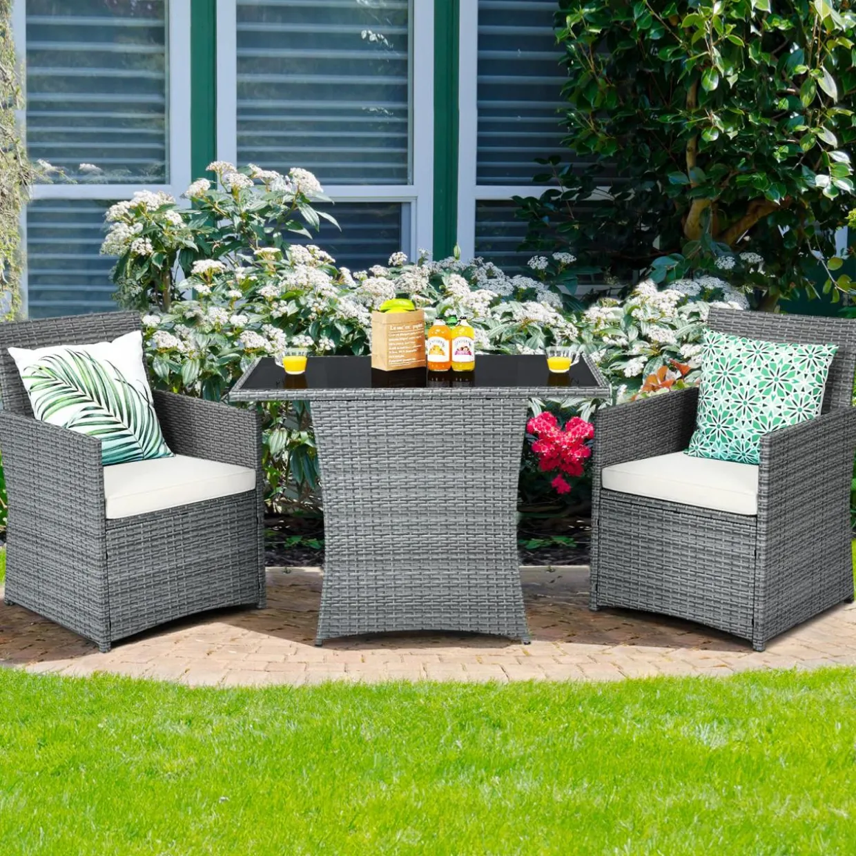3 Pieces Patio Dining Set, Patiojoy Space-Saving PE Rattan Bistro Set with Tempered Glass Top Table and Cushioned Chairs