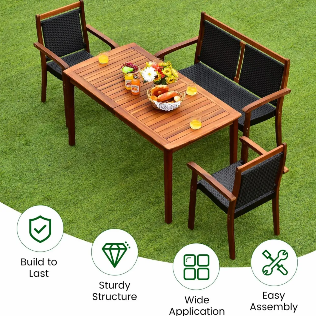 4 Pieces Patio Dining Set, Patiojoy Outdoor PE Rattan & Acacia Wood Dining Table Set with Umbrella Hole