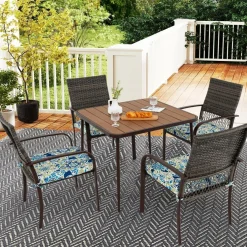 5 Pieces Patio Dining Set, 4 Cushioned Rattan Armchairs & Square Table w/Wood-Plastic Tabletop & Umbrella Hole
