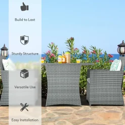3 Pieces Patio Dining Set, Patiojoy Space-Saving PE Rattan Bistro Set with Tempered Glass Top Table and Cushioned Chairs