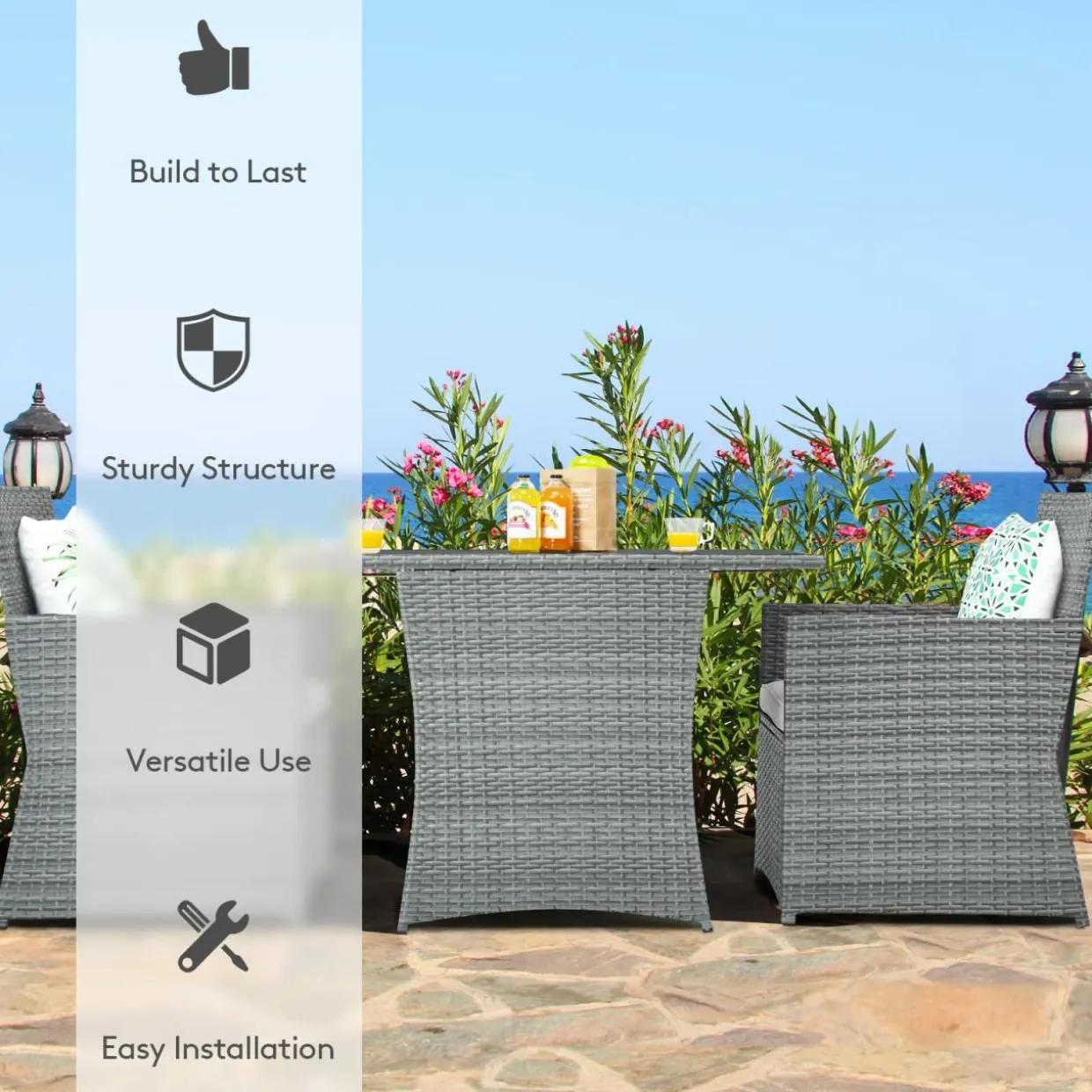 3 Pieces Patio Dining Set, Patiojoy Space-Saving PE Rattan Bistro Set with Tempered Glass Top Table and Cushioned Chairs