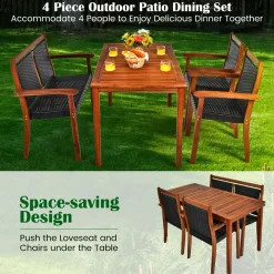 4 Pieces Patio Dining Set, Patiojoy Outdoor PE Rattan & Acacia Wood Dining Table Set with Umbrella Hole