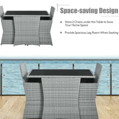3 Pieces Patio Dining Set, Patiojoy Space-Saving PE Rattan Bistro Set with Tempered Glass Top Table and Cushioned Chairs