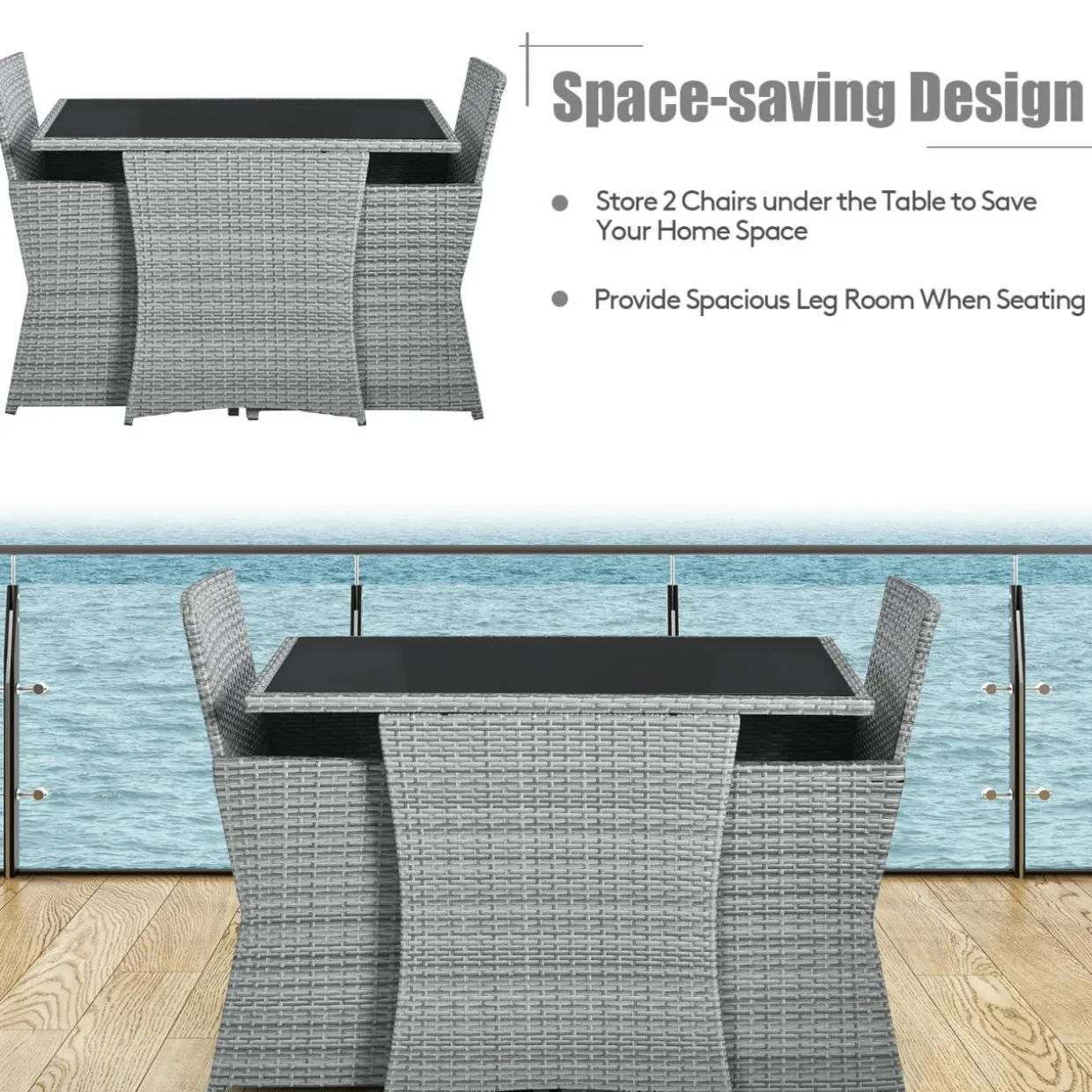 3 Pieces Patio Dining Set, Patiojoy Space-Saving PE Rattan Bistro Set with Tempered Glass Top Table and Cushioned Chairs