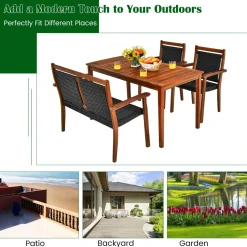 4 Pieces Patio Dining Set, Patiojoy Outdoor PE Rattan & Acacia Wood Dining Table Set with Umbrella Hole
