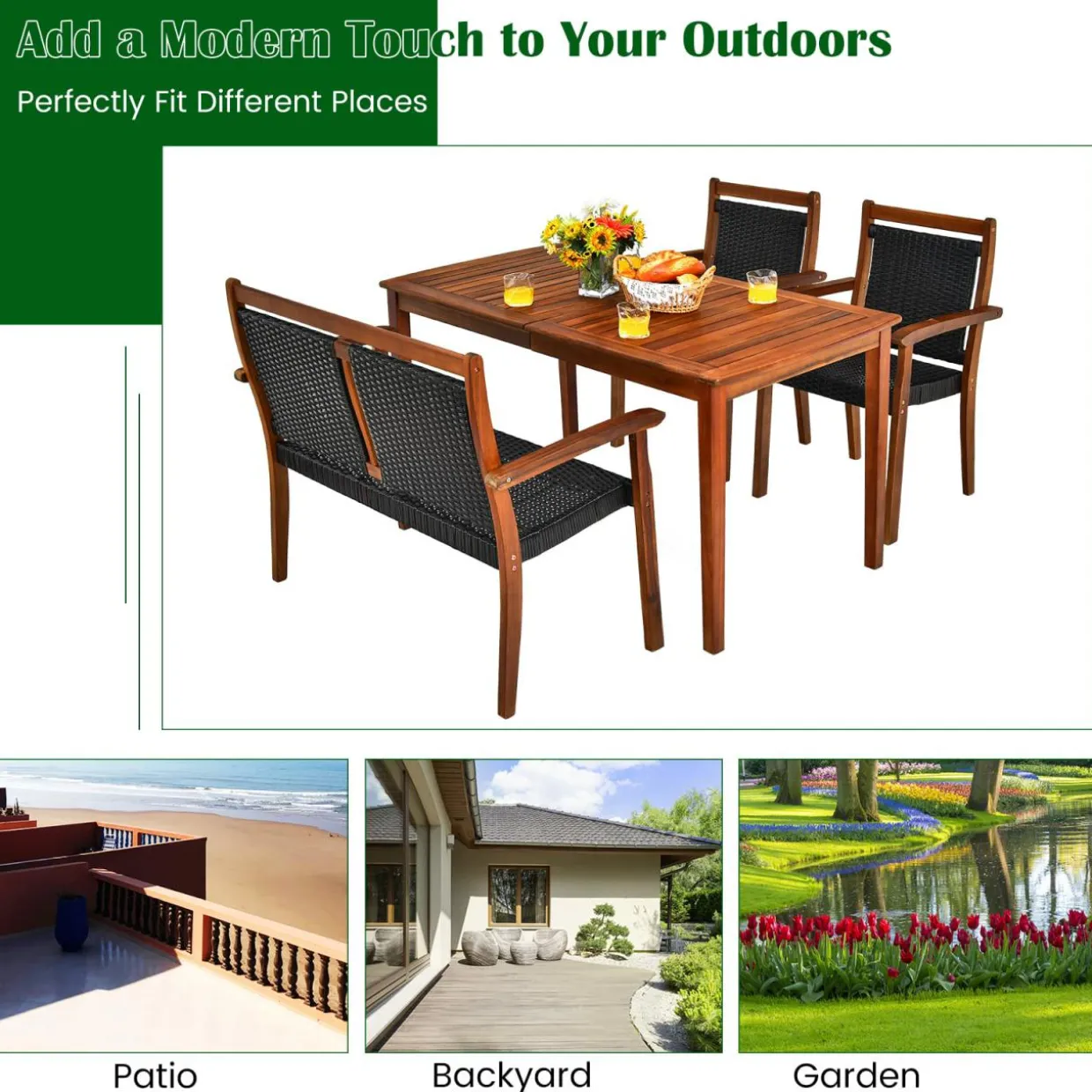 4 Pieces Patio Dining Set, Patiojoy Outdoor PE Rattan & Acacia Wood Dining Table Set with Umbrella Hole