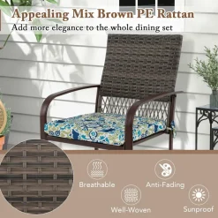 5 Pieces Patio Dining Set, 4 Cushioned Rattan Armchairs & Square Table w/Wood-Plastic Tabletop & Umbrella Hole
