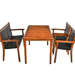 4 Pieces Patio Dining Set, Patiojoy Outdoor PE Rattan & Acacia Wood Dining Table Set with Umbrella Hole