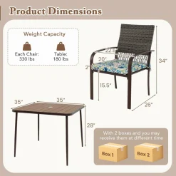5 Pieces Patio Dining Set, 4 Cushioned Rattan Armchairs & Square Table w/Wood-Plastic Tabletop & Umbrella Hole