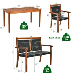 4 Pieces Patio Dining Set, Patiojoy Outdoor PE Rattan & Acacia Wood Dining Table Set with Umbrella Hole