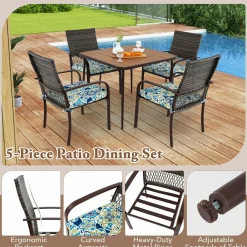 5 Pieces Patio Dining Set, 4 Cushioned Rattan Armchairs & Square Table w/Wood-Plastic Tabletop & Umbrella Hole