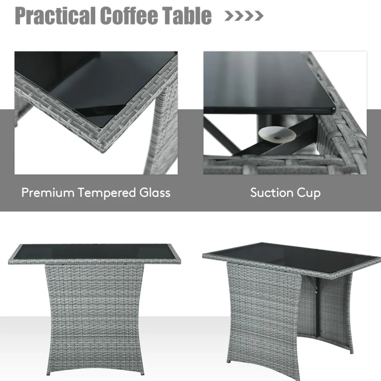 3 Pieces Patio Dining Set, Patiojoy Space-Saving PE Rattan Bistro Set with Tempered Glass Top Table and Cushioned Chairs