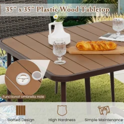 5 Pieces Patio Dining Set, 4 Cushioned Rattan Armchairs & Square Table w/Wood-Plastic Tabletop & Umbrella Hole