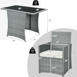 3 Pieces Patio Dining Set, Patiojoy Space-Saving PE Rattan Bistro Set with Tempered Glass Top Table and Cushioned Chairs