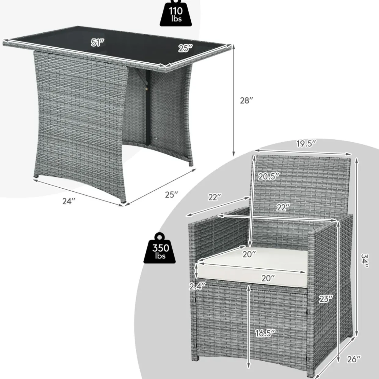 3 Pieces Patio Dining Set, Patiojoy Space-Saving PE Rattan Bistro Set with Tempered Glass Top Table and Cushioned Chairs