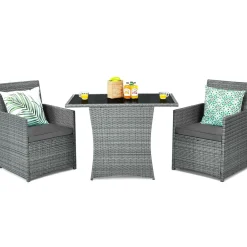 3 Pieces Patio Dining Set, Patiojoy Space-Saving PE Rattan Bistro Set with Tempered Glass Top Table and Cushioned Chairs