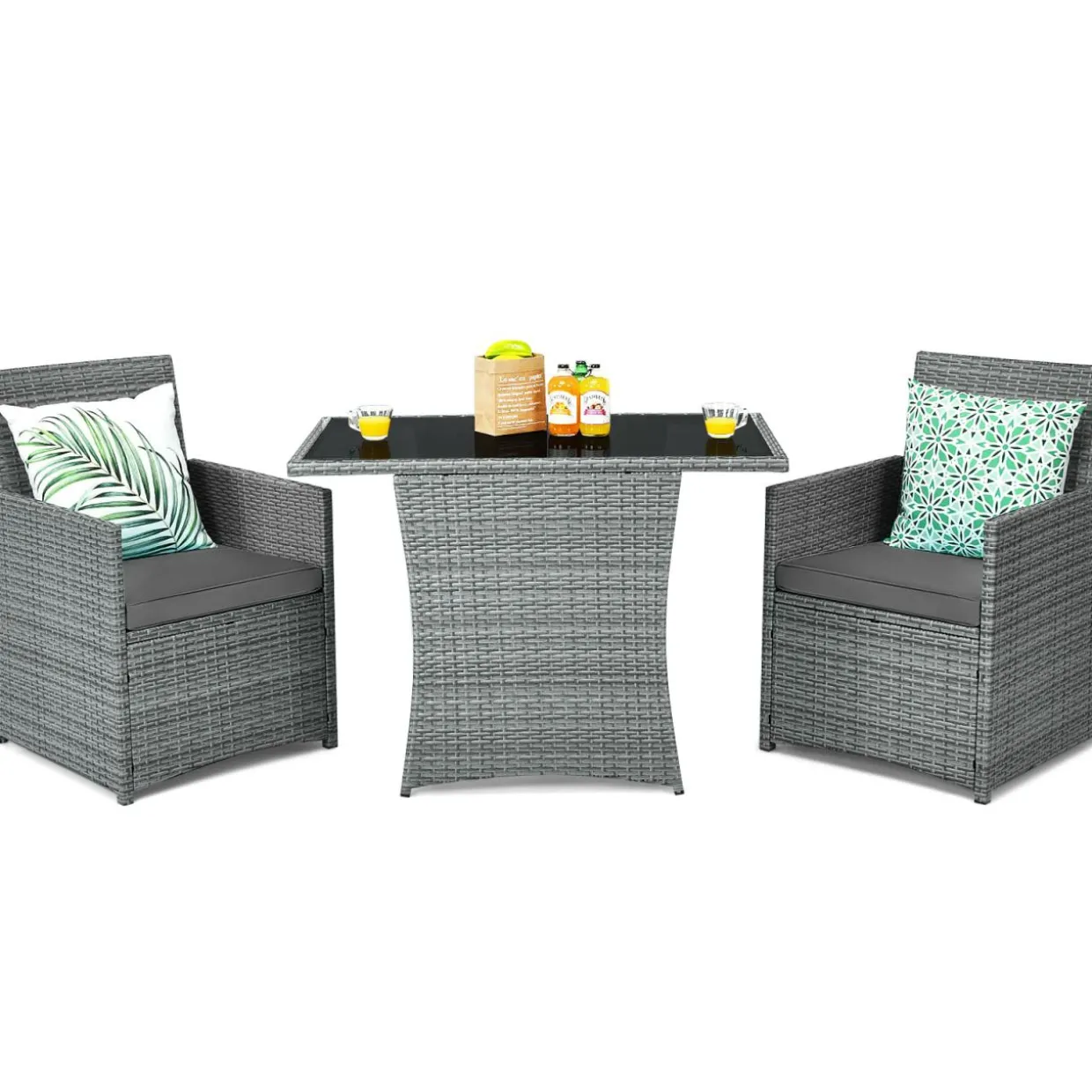 3 Pieces Patio Dining Set, Patiojoy Space-Saving PE Rattan Bistro Set with Tempered Glass Top Table and Cushioned Chairs