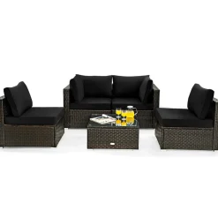 5 Pieces Patio Furniture Set, All Weather Wicker L-Shaped Corner Sofa Set w/Soft Cushions