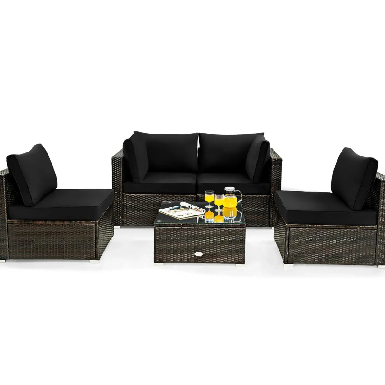 5 Pieces Patio Furniture Set, All Weather Wicker L-Shaped Corner Sofa Set w/Soft Cushions