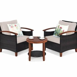 3 Pieces Patio Furniture Set, Outdoor Rattan Sofa and Side Table w/Solid Acacia Wood Frame