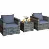 3 Pieces Patio Furniture Set, PE Rattan Wicker Sofa Set w/Washable Cushion and Tempered Glass Tabletop