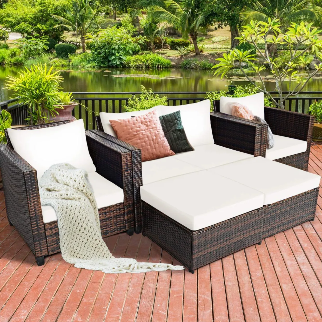 5 Pieces Patio Furniture Set, Outdoor Rattan Sofa Set w/Removable Cushions