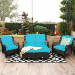 5 Pieces Patio Furniture Set, Outdoor Rattan Conversation Sofa Set with Loveseat