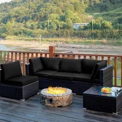 5 Pieces Patio Furniture Set, All Weather Wicker L-Shaped Corner Sofa Set w/Soft Cushions
