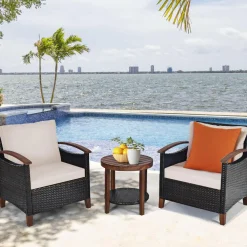 3 Pieces Patio Furniture Set, Outdoor Rattan Sofa and Side Table w/Solid Acacia Wood Frame