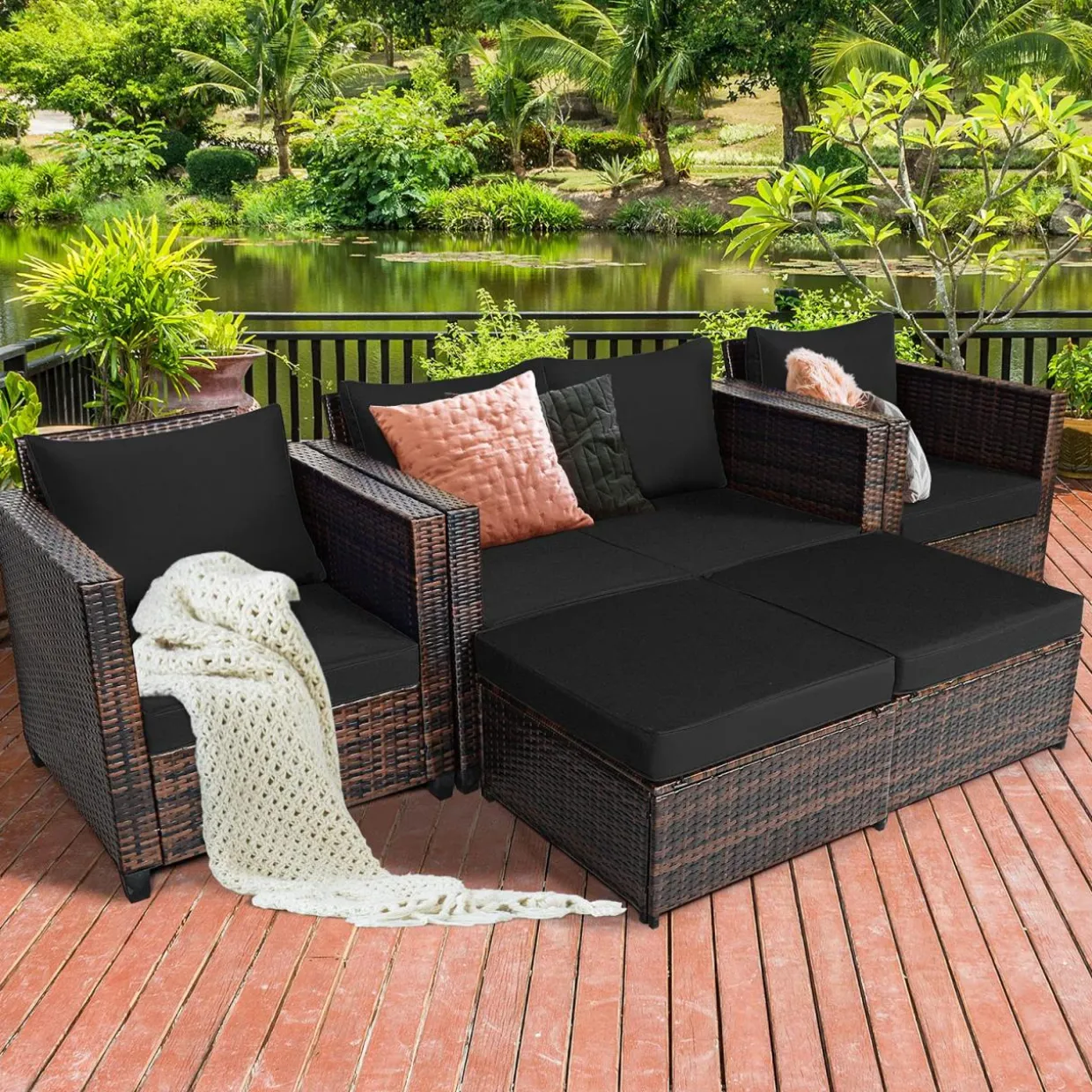 5 Pieces Patio Furniture Set, Outdoor Rattan Sofa Set w/Removable Cushions