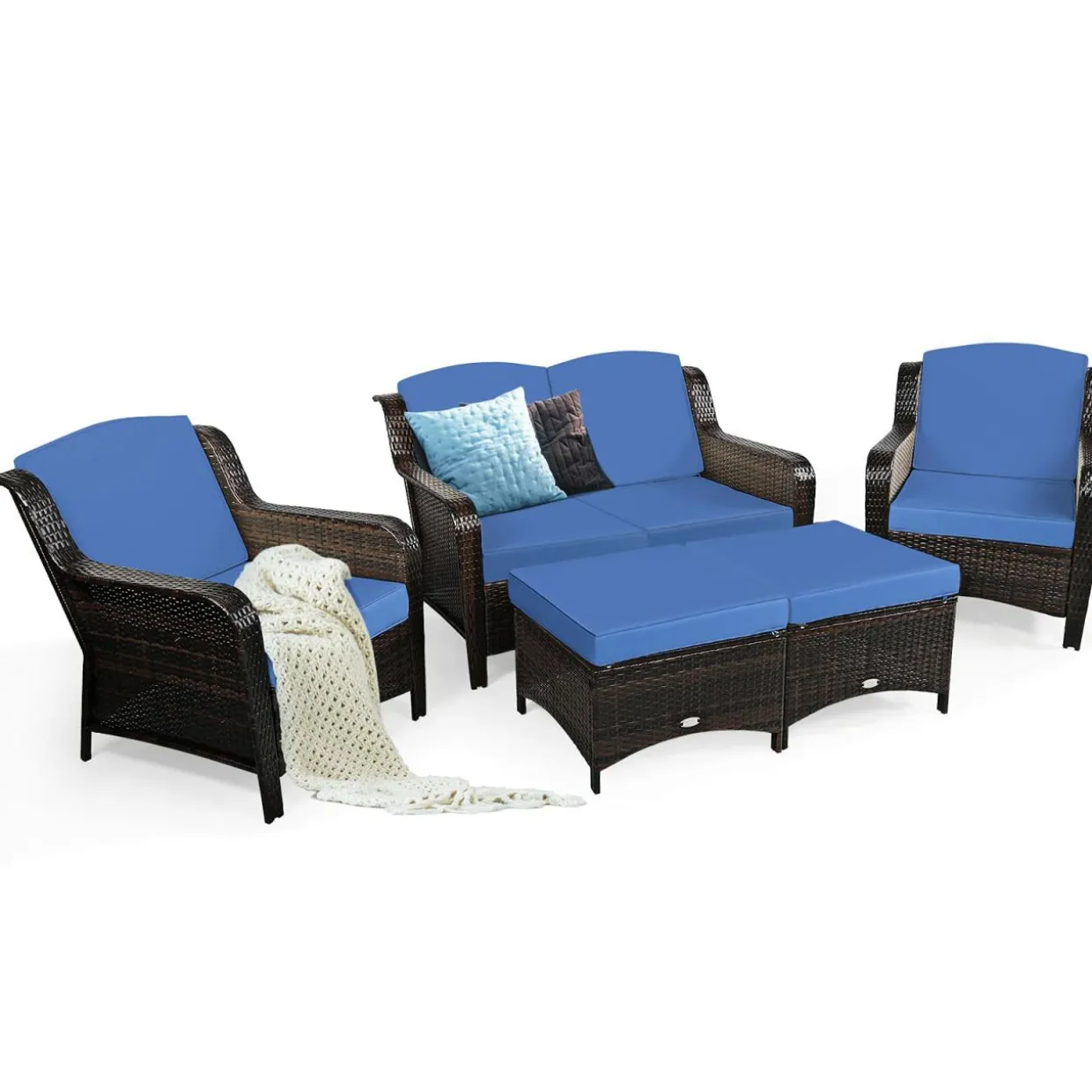 5 Pieces Patio Furniture Set, Outdoor Rattan Conversation Sofa Set with Loveseat
