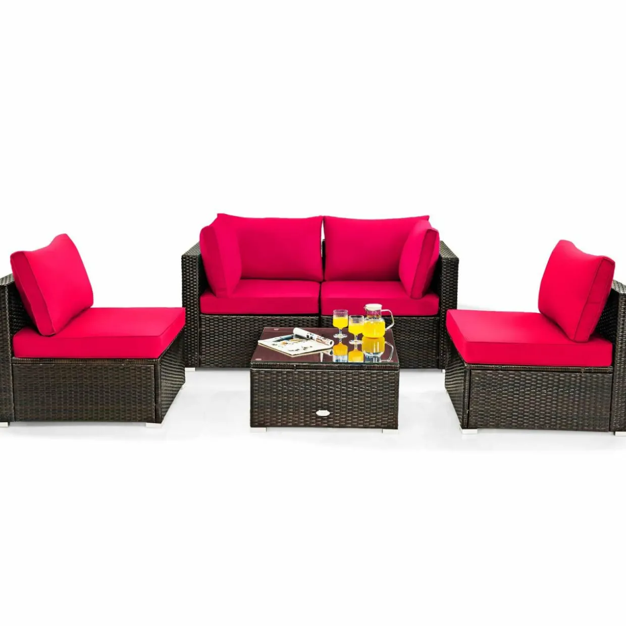 5 Pieces Patio Furniture Set, All Weather Wicker L-Shaped Corner Sofa Set w/Soft Cushions