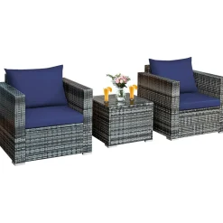 3 Pieces Patio Furniture Set, PE Rattan Wicker Sofa Set w/Washable Cushion and Tempered Glass Tabletop