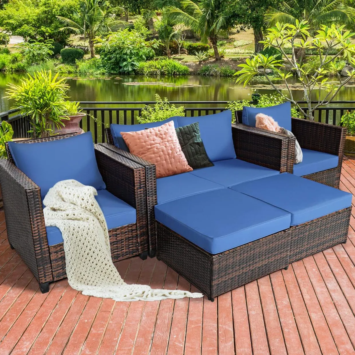 5 Pieces Patio Furniture Set, Outdoor Rattan Sofa Set w/Removable Cushions