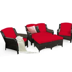 5 Pieces Patio Furniture Set, Outdoor Rattan Conversation Sofa Set with Loveseat