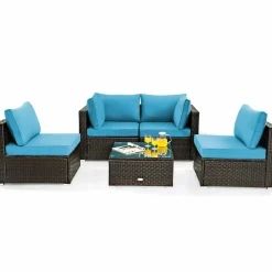 5 Pieces Patio Furniture Set, All Weather Wicker L-Shaped Corner Sofa Set w/Soft Cushions