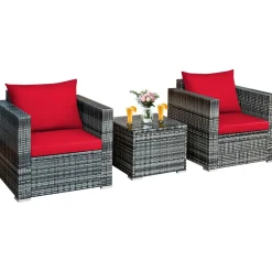 3 Pieces Patio Furniture Set, PE Rattan Wicker Sofa Set w/Washable Cushion and Tempered Glass Tabletop