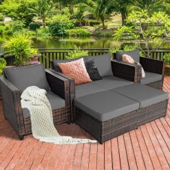 5 Pieces Patio Furniture Set, Outdoor Rattan Sofa Set w/Removable Cushions