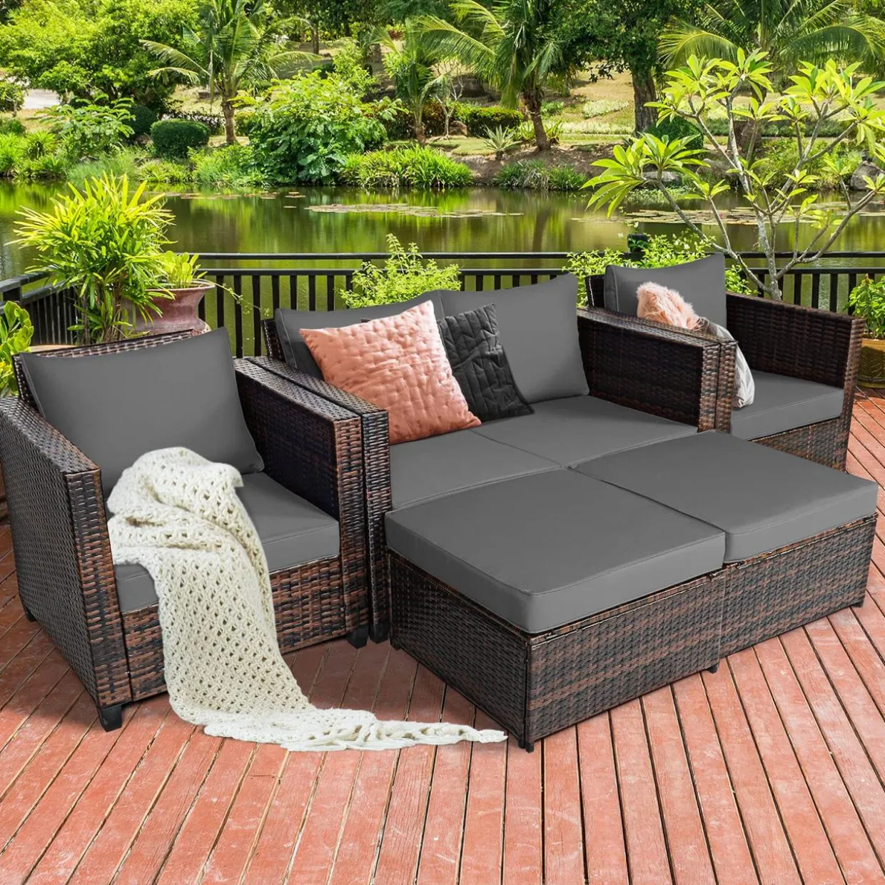 5 Pieces Patio Furniture Set, Outdoor Rattan Sofa Set w/Removable Cushions