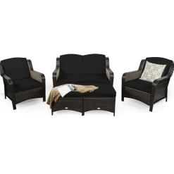 5 Pieces Patio Furniture Set, Outdoor Rattan Conversation Sofa Set with Loveseat
